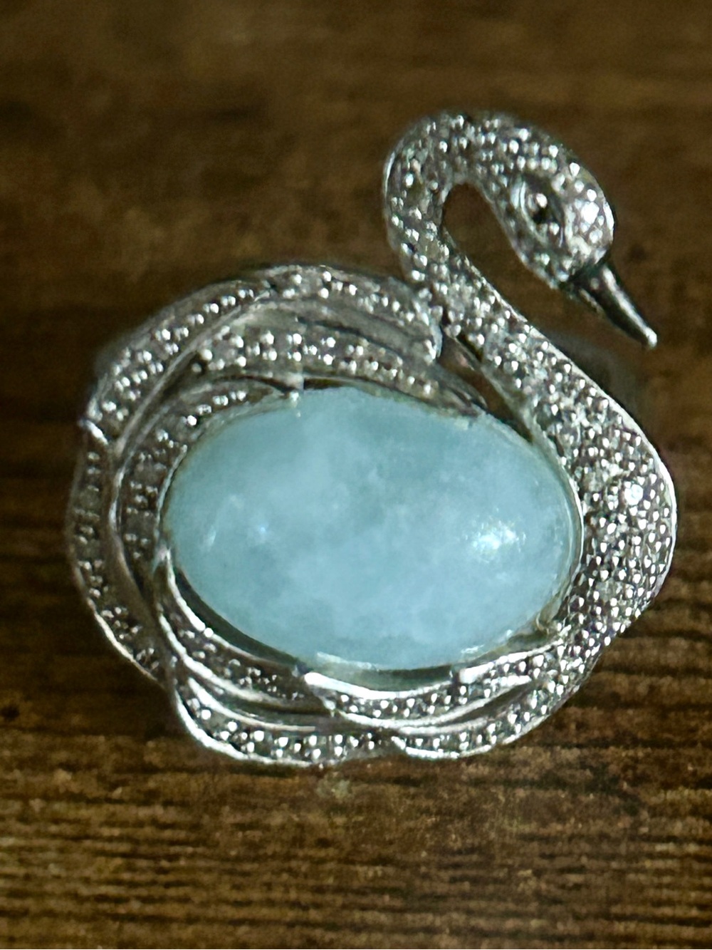 Sculptural 3–D Swan Ring in Sterling Silver Size 8 Diamonds Aquamarine